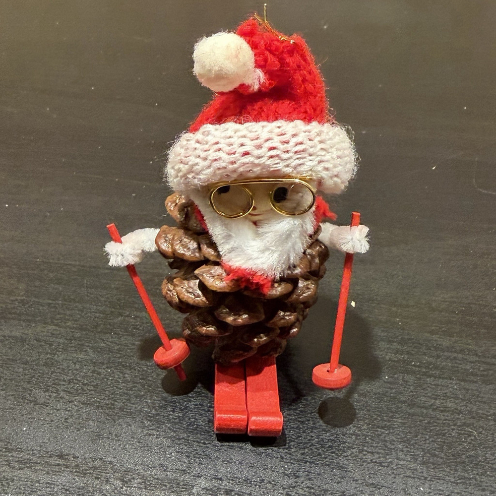 Vintage Pinecone Skiing Santa Christmas Ornament Approx. 4" Unique Cabincore HTF